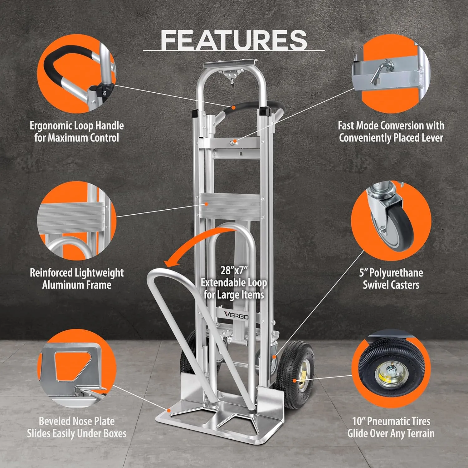 Vergo Industrial Convertible Hand Truck - AS7A2 Heavy Duty Aluminum 3 in 1 Dolly (750 lb Capacity) Lightweight Frame, Ergonomic Handle, Extendable Loop, Versatile Moving Dolly (3 Positions, 53" High)