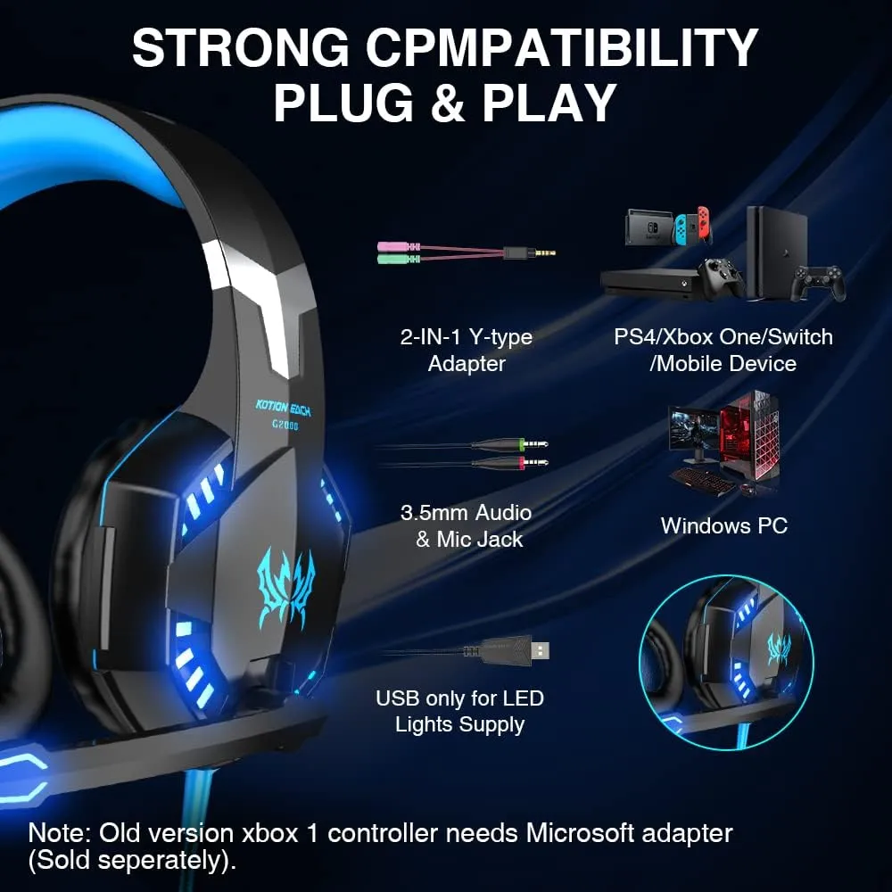 VersionTECH. G2000 Gaming Headset, Bass Surround Gaming Headphones with Noise Cancelling Mic, LED Lights, Soft Memory Earmuffs for PS5/ PS4/ Xbox One Controller/Laptop/PC/Mac/Nintendo NES Games-Blue