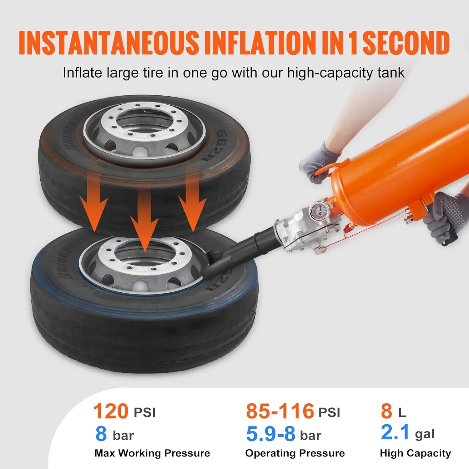 VEVOR Tire Seater, 2.1 Gal/8 L Air Tire Blaster, 120 PSI Handheld, Portable Tire Inflator Tool, 85-116 PSI Operating Pressure for Tractor Truck ATV Car and Automobile Repair