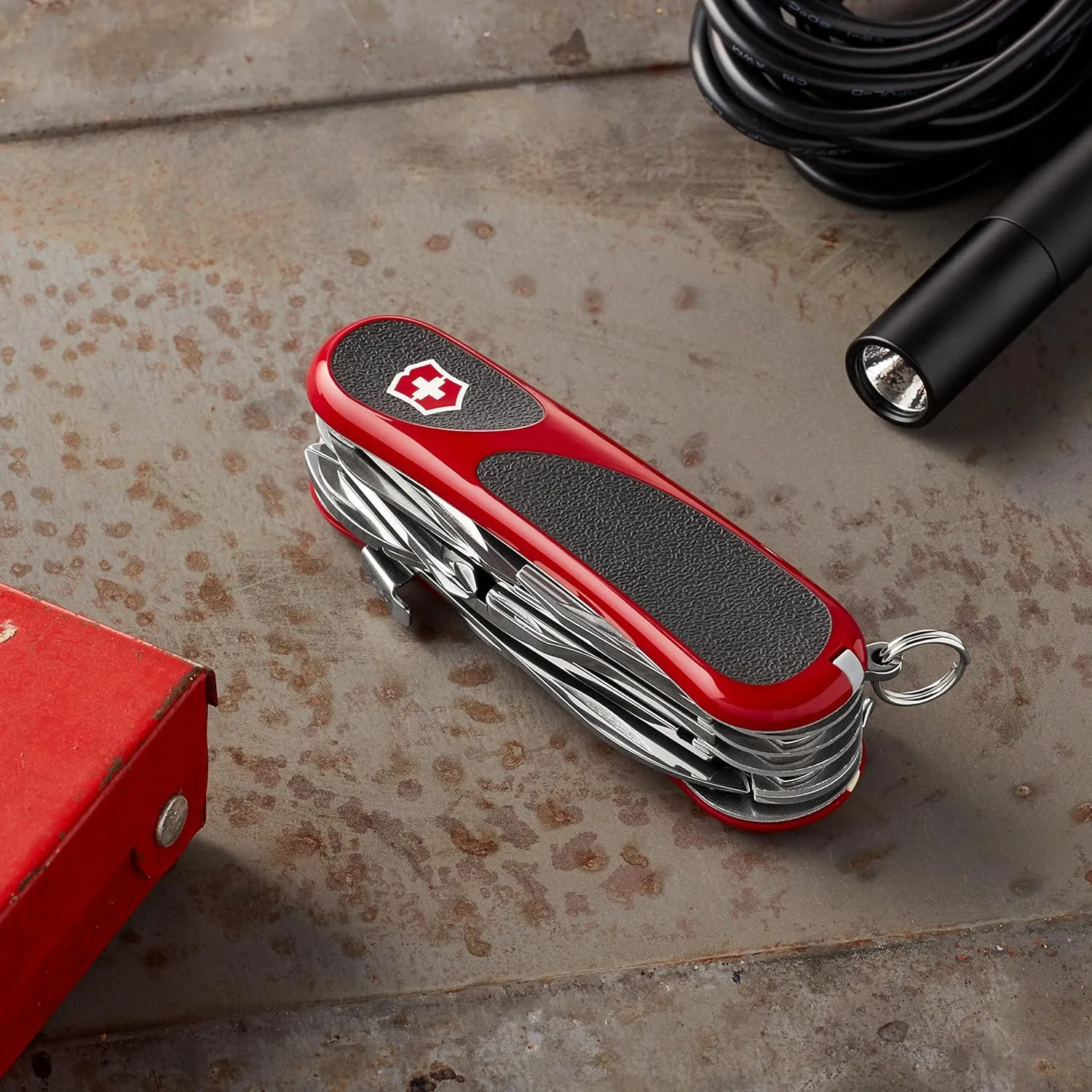 Victorinox Evolution S557 Grip Swiss Army Knife, 21 Functions, Swiss Made Pocket Knife with Large Blade, Screwdriver and Wire Stripper - Red/Black
