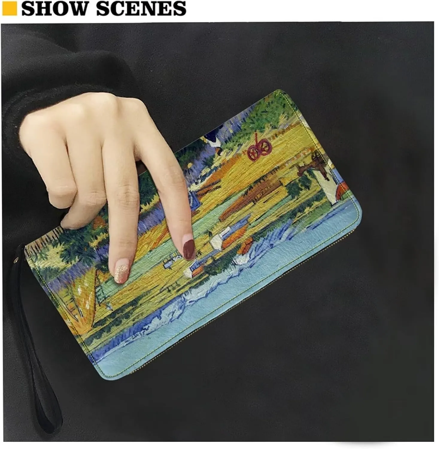 Vincent Van Gogh Wheat Field with Reaper And Sun Design Women Pu Leather Zipper Wallet with Coin Pockets Casual Large Capacity Purse