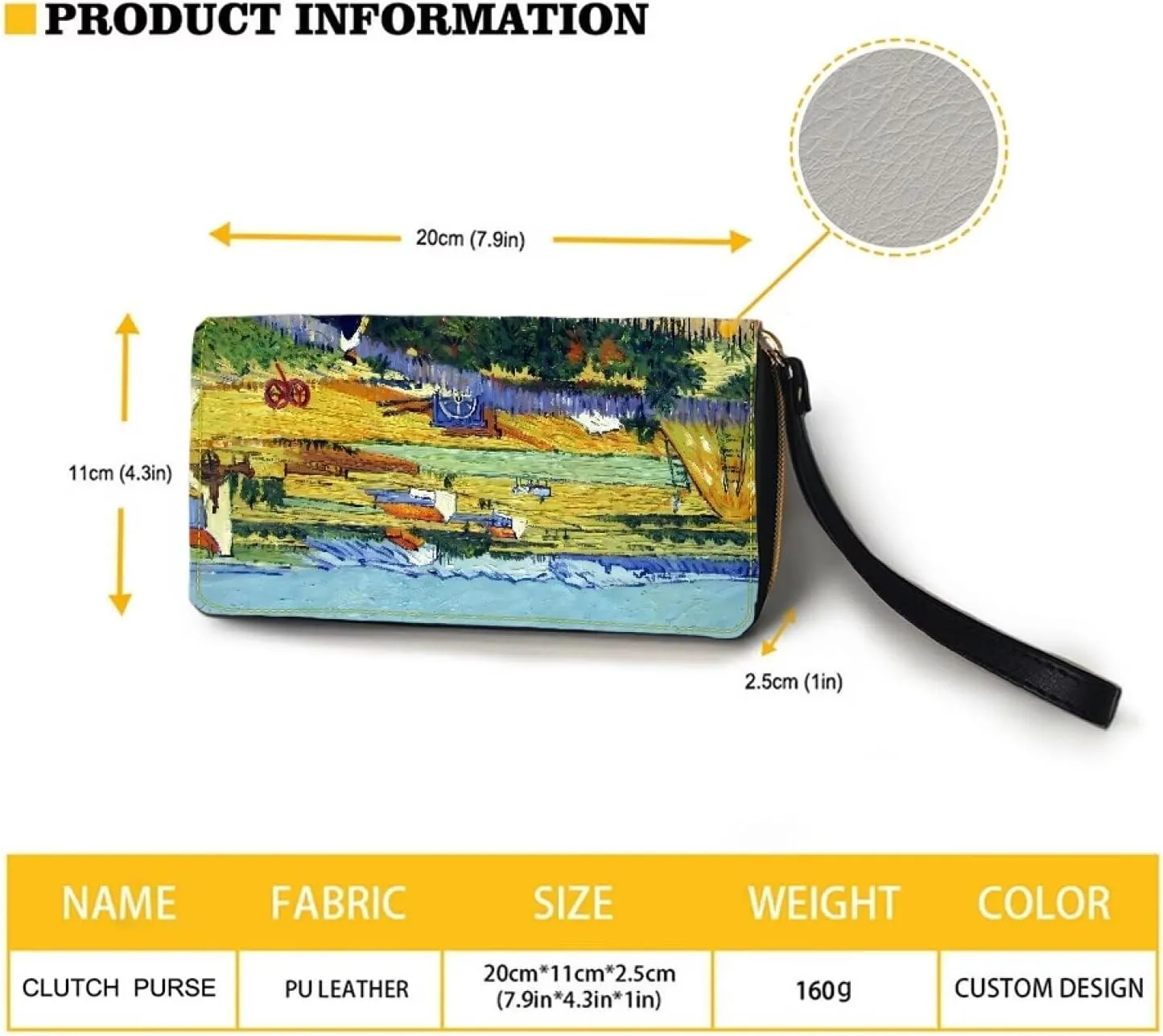 Vincent Van Gogh Wheat Field with Reaper And Sun Design Women Pu Leather Zipper Wallet with Coin Pockets Casual Large Capacity Purse