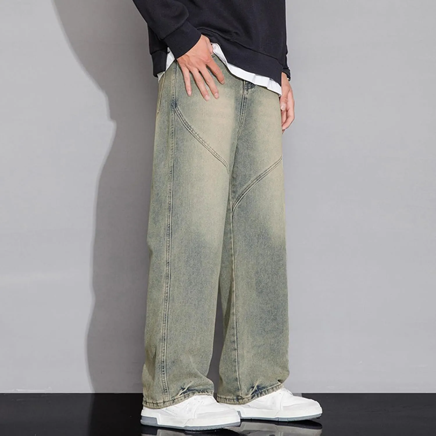 Vintage Baggy Jeans for Men Mid Rise Seam Front Y2k Wide Leg Jeans Loose Fit Straight Leg Skater Jeans Streetwear