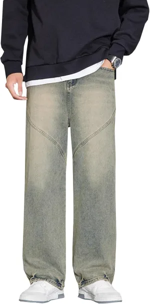 Vintage Baggy Jeans for Men Mid Rise Seam Front Y2k Wide Leg Jeans Loose Fit Straight Leg Skater Jeans Streetwear