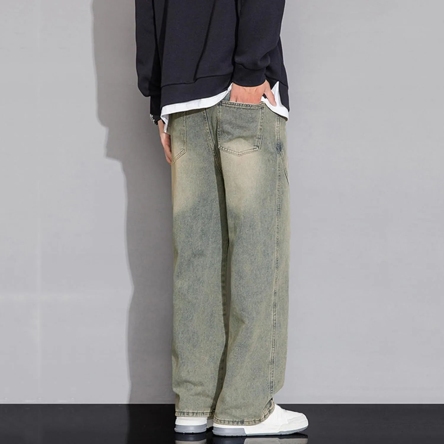 Vintage Baggy Jeans for Men Mid Rise Seam Front Y2k Wide Leg Jeans Loose Fit Straight Leg Skater Jeans Streetwear