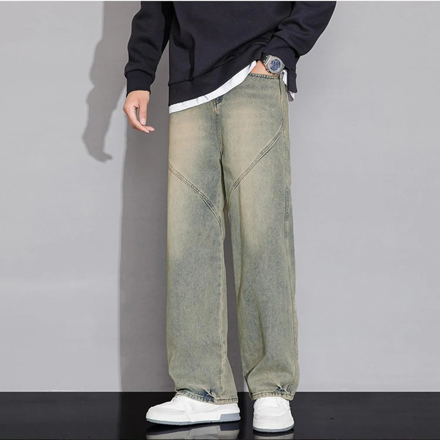 Vintage Baggy Jeans for Men Mid Rise Seam Front Y2k Wide Leg Jeans Loose Fit Straight Leg Skater Jeans Streetwear