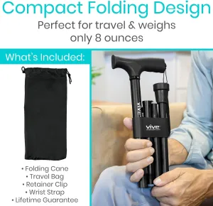 Vive Folding Cane - Foldable Walking Cane for Men, Women - Fold-up, Collapsible, Lightweight, Adjustable, Portable Hand Walking Stick - Balancing Mobility Aid - Comfortable Ergonomic Handle