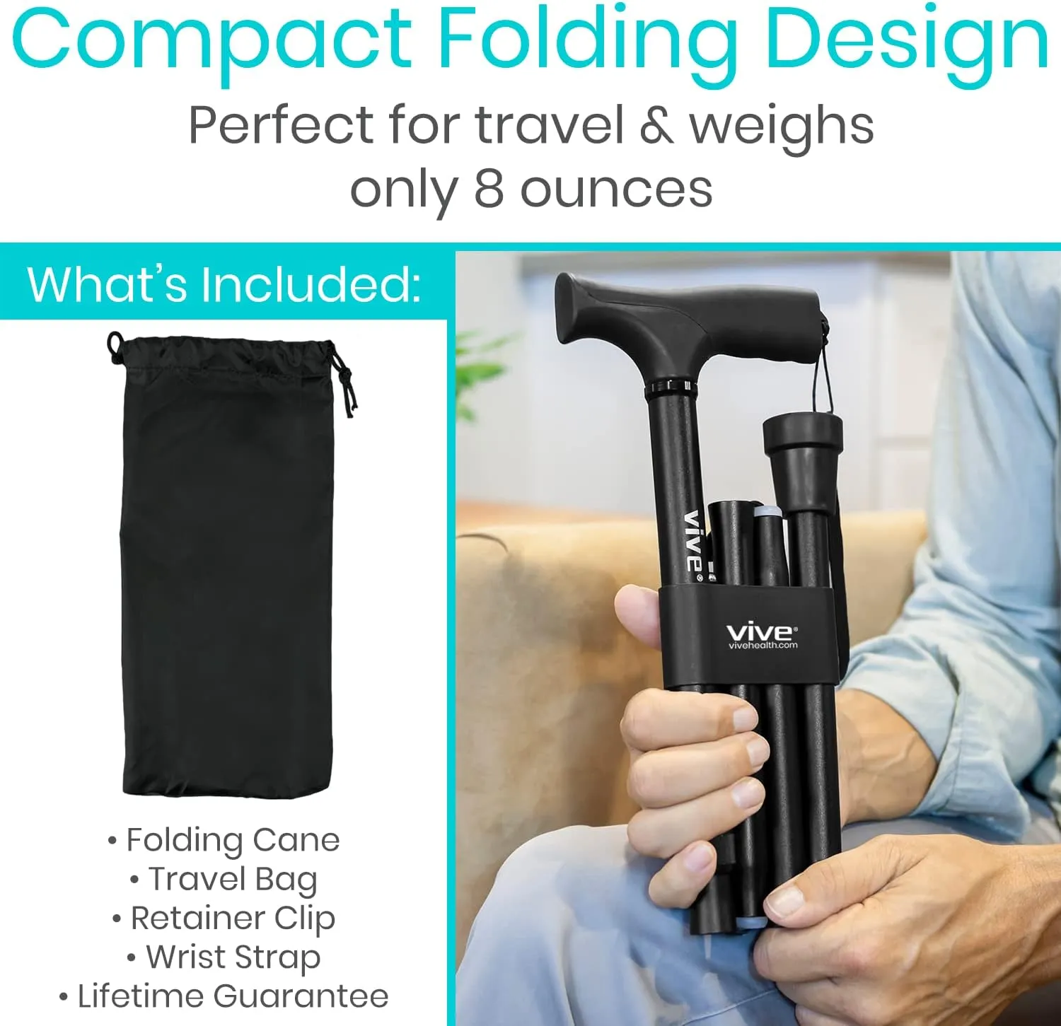 Vive Folding Cane - Foldable Walking Cane for Men, Women - Fold-up, Collapsible, Lightweight, Adjustable, Portable Hand Walking Stick - Balancing Mobility Aid - Comfortable Ergonomic Handle