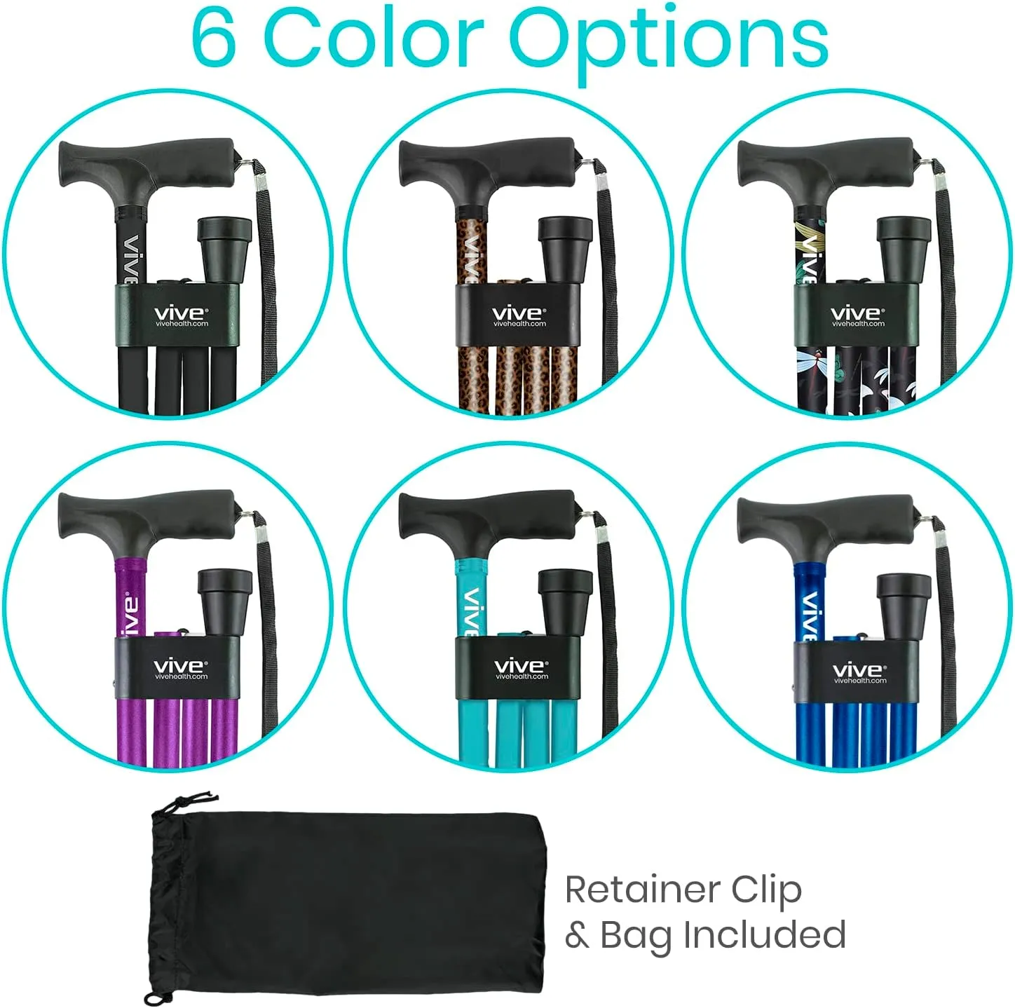 Vive Folding Cane - Foldable Walking Cane for Men, Women - Fold-up, Collapsible, Lightweight, Adjustable, Portable Hand Walking Stick - Balancing Mobility Aid - Comfortable Ergonomic Handle