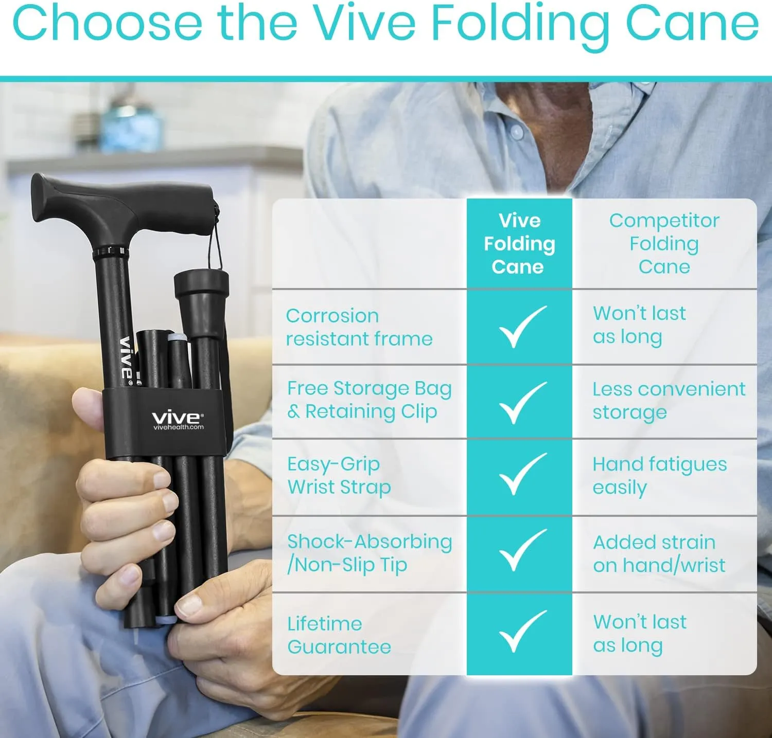 Vive Folding Cane - Foldable Walking Cane for Men, Women - Fold-up, Collapsible, Lightweight, Adjustable, Portable Hand Walking Stick - Balancing Mobility Aid - Comfortable Ergonomic Handle
