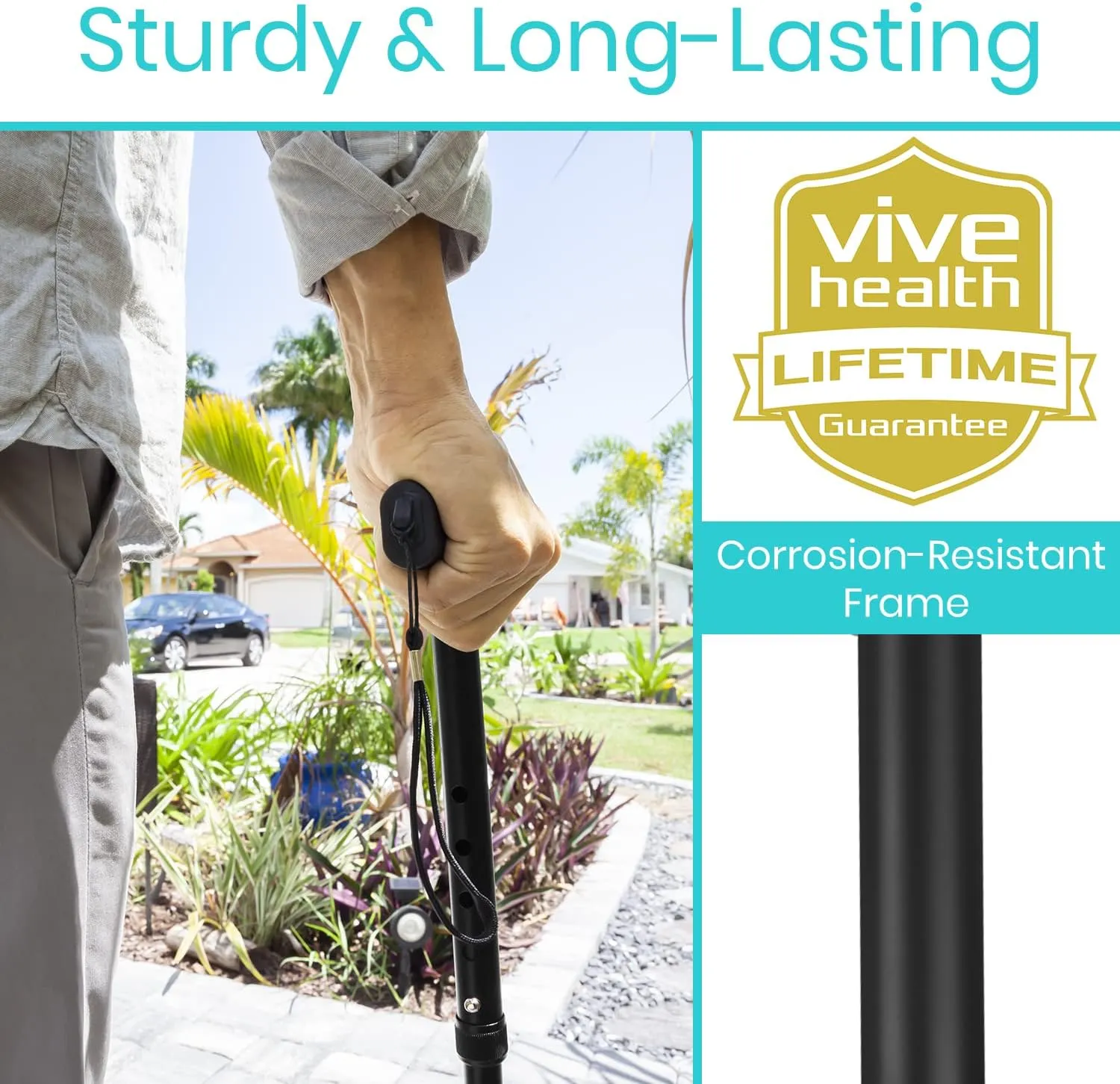 Vive Folding Cane - Foldable Walking Cane for Men, Women - Fold-up, Collapsible, Lightweight, Adjustable, Portable Hand Walking Stick - Balancing Mobility Aid - Comfortable Ergonomic Handle