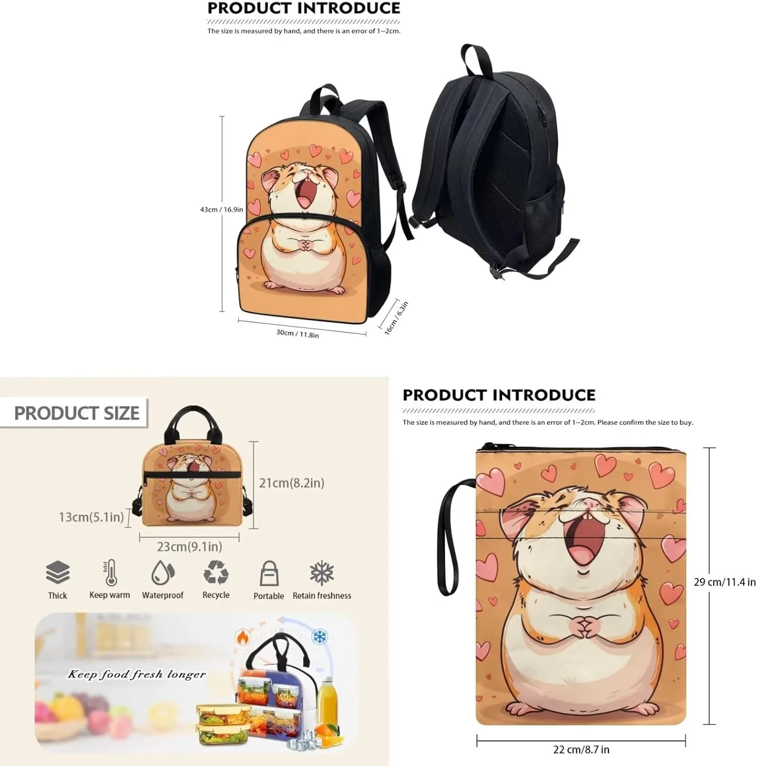 Voles Backpack and Lunch Bag Set for Boys 17 Inch Fashion School Bookbag for Children Recycle Leakproof Large Insulated Lunch Bag for Picnic Climbing Shopping