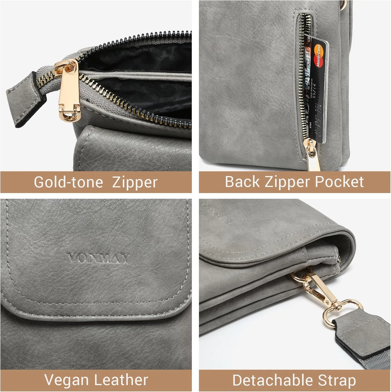 VONMAY Vegan Leather Small Crossbody Bags for Women, 3 Compartment Cell Phone Wallet Purses with Adjustable Guitar Strap