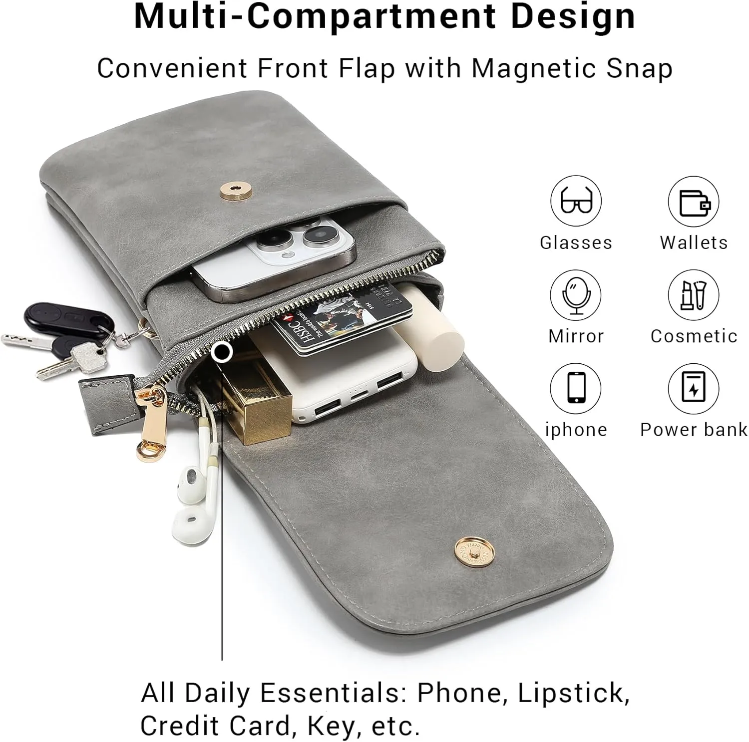 VONMAY Vegan Leather Small Crossbody Bags for Women, 3 Compartment Cell Phone Wallet Purses with Adjustable Guitar Strap