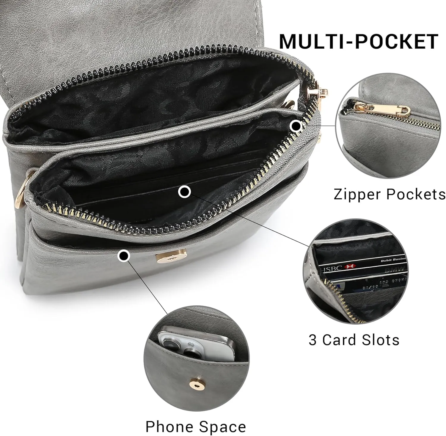 VONMAY Vegan Leather Small Crossbody Bags for Women, 3 Compartment Cell Phone Wallet Purses with Adjustable Guitar Strap