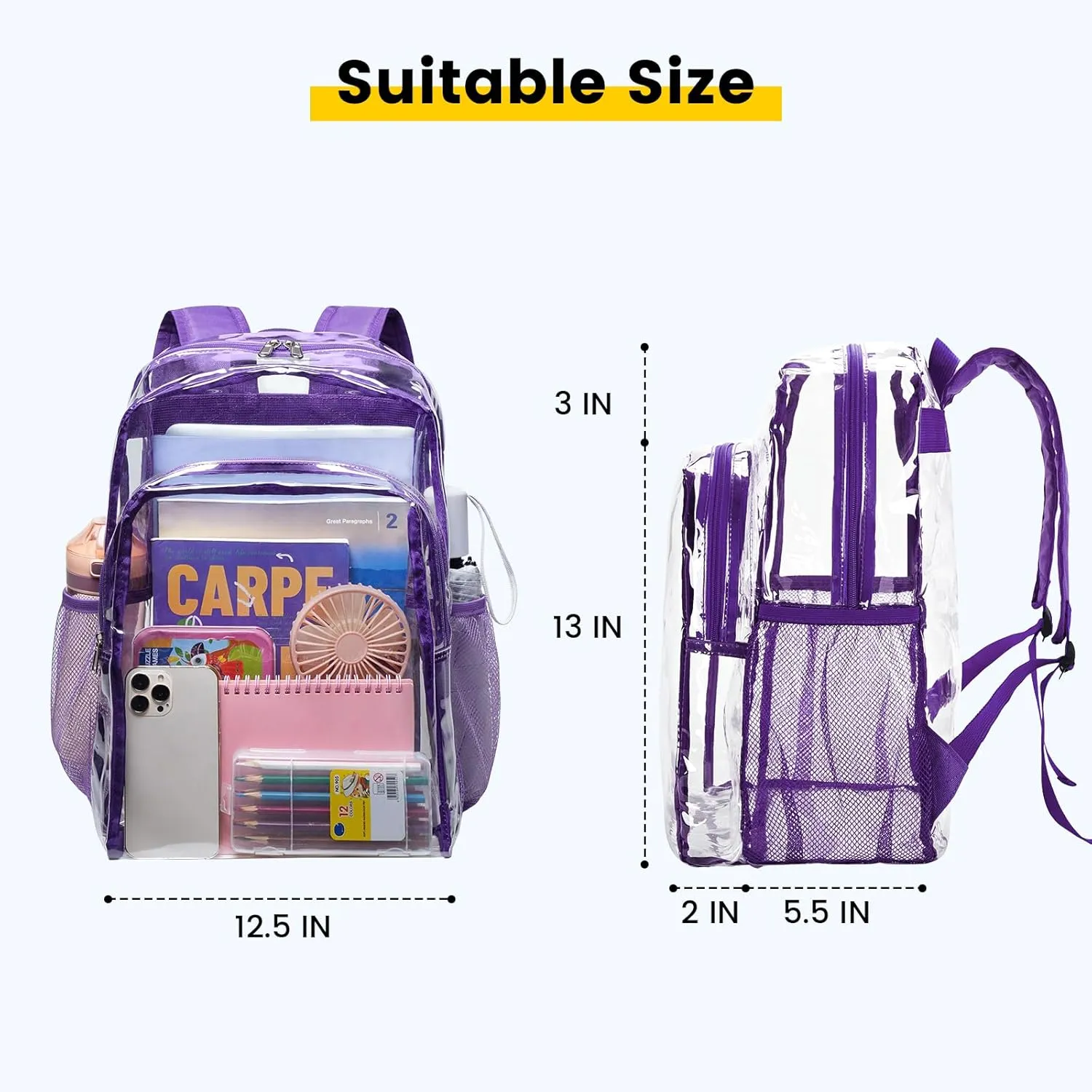 Vorspack Clear Backpack Heavy Duty - Clear Backpacks for School Transparent Bookbag for Girls Boys Large See Through Bag for Work, College, Concert - Purple