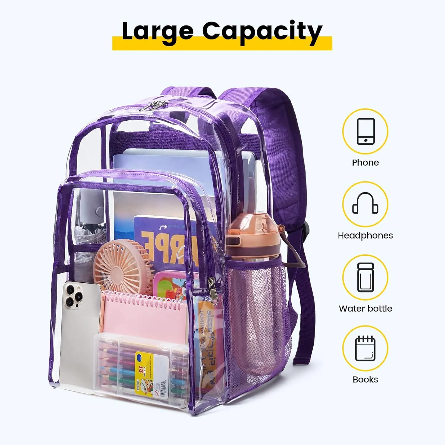Vorspack Clear Backpack Heavy Duty - Clear Backpacks for School Transparent Bookbag for Girls Boys Large See Through Bag for Work, College, Concert - Purple