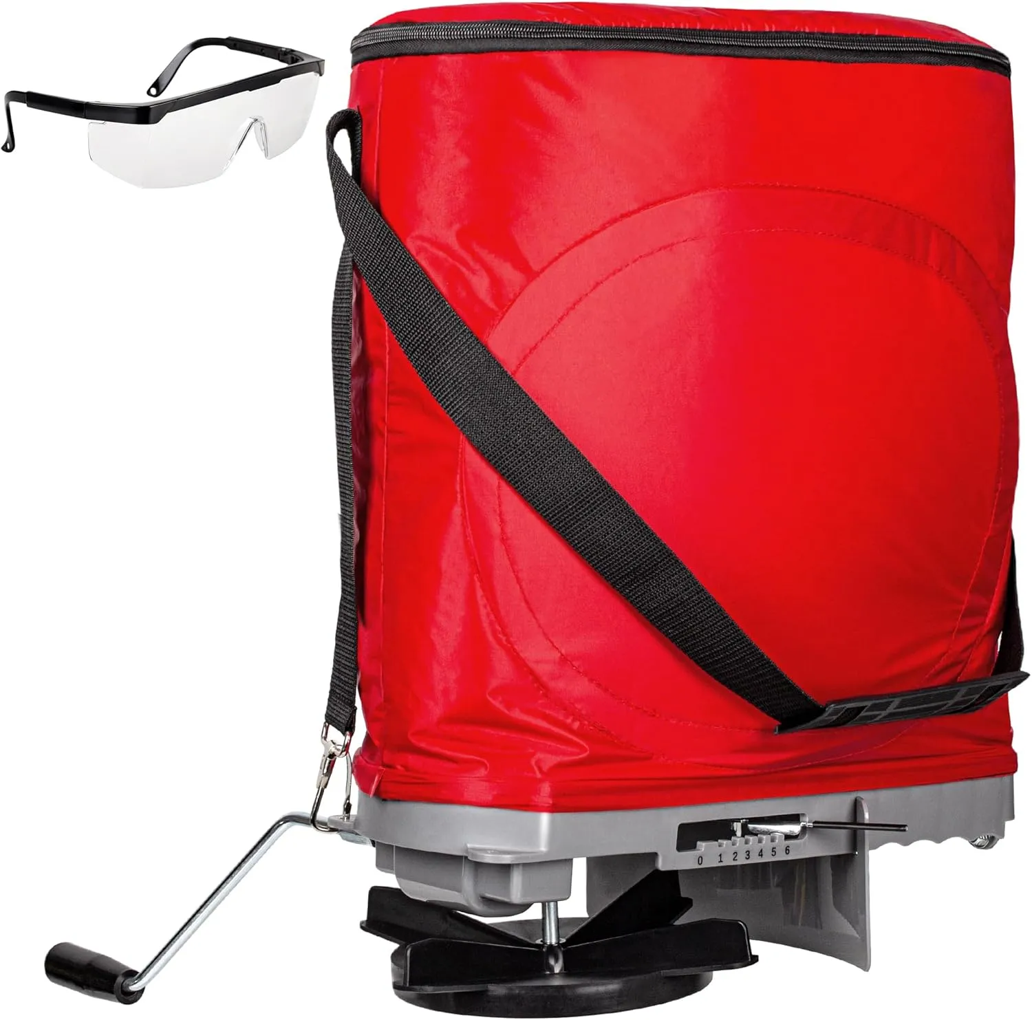 Walensee Handheld Bag Seeder Spreader with 25lb Bag, Frame Support, Multiple Spread Options, Enclosed Gears, Rear Baffle, Adjustable Shoulder Strap and Goggles, Red