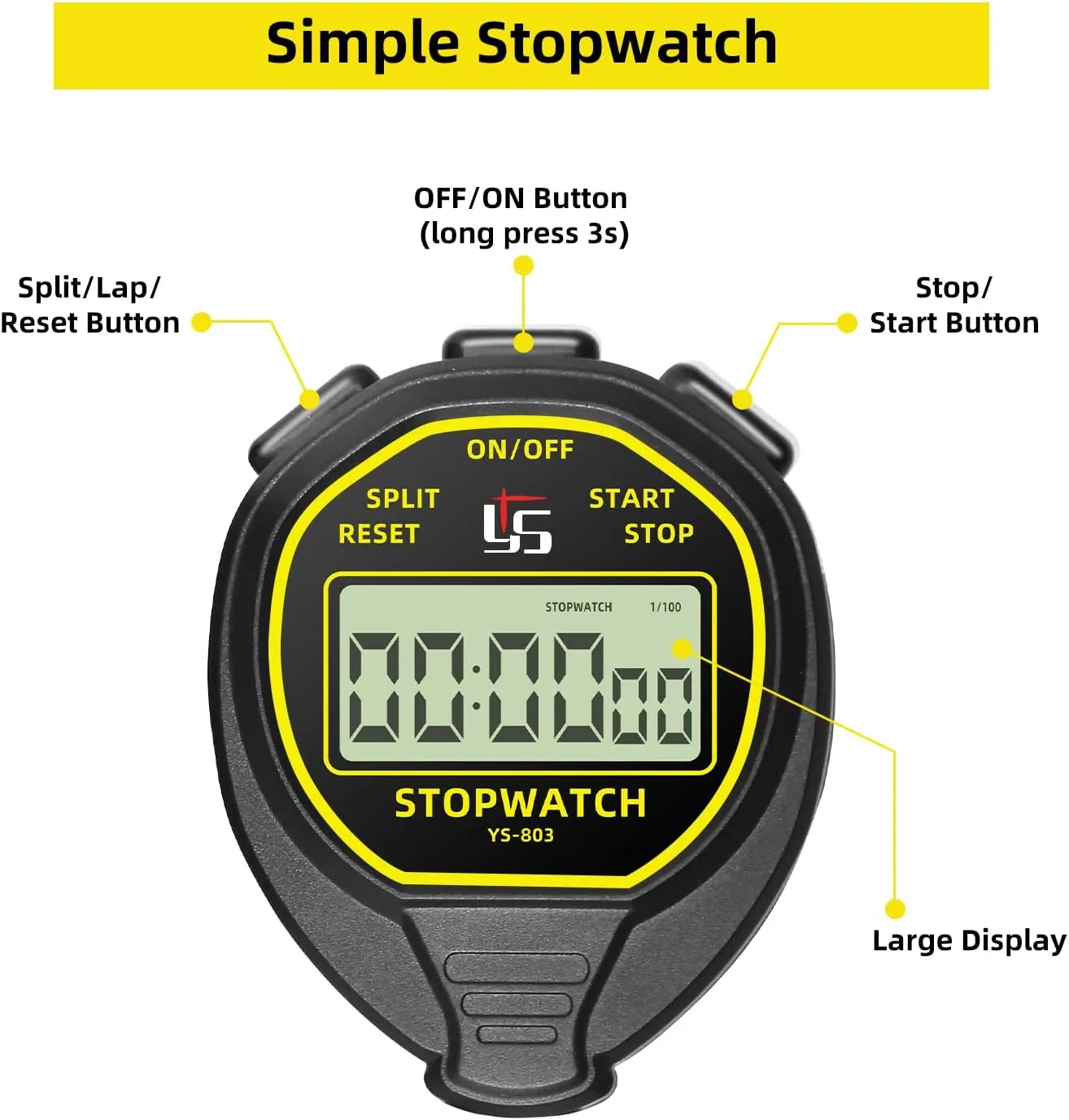 Waterproof Digital Stopwatch Timer, ANTEQI Large Display Simple Silent Stop Watch with ON/Off Function No Clock No Calendar No Alarm for Baseball Swimming Running Training Kids Coaches,Black