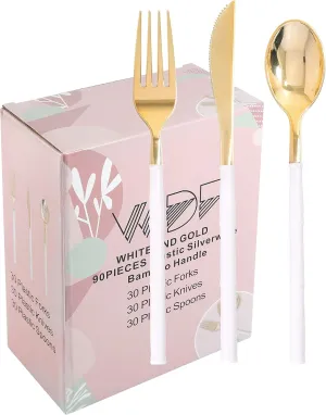 WDF 90Pieces Gold Plastic Silverware-Gold Plastic Cutlery with White Handle- Heavy Duty Thanksgiving Christmas Silverware Include 30Forks, 30 Spoons, 30 Knives for Parties