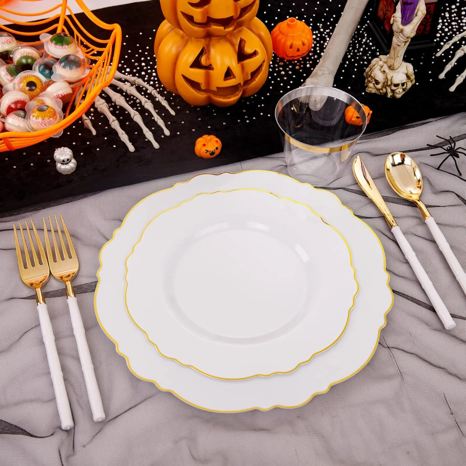 WDF 90Pieces Gold Plastic Silverware-Gold Plastic Cutlery with White Handle- Heavy Duty Thanksgiving Christmas Silverware Include 30Forks, 30 Spoons, 30 Knives for Parties