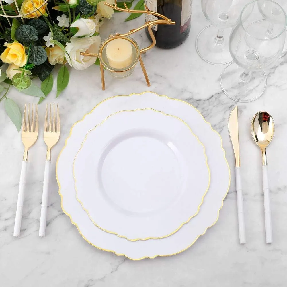 WDF 90Pieces Gold Plastic Silverware-Gold Plastic Cutlery with White Handle- Heavy Duty Thanksgiving Christmas Silverware Include 30Forks, 30 Spoons, 30 Knives for Parties