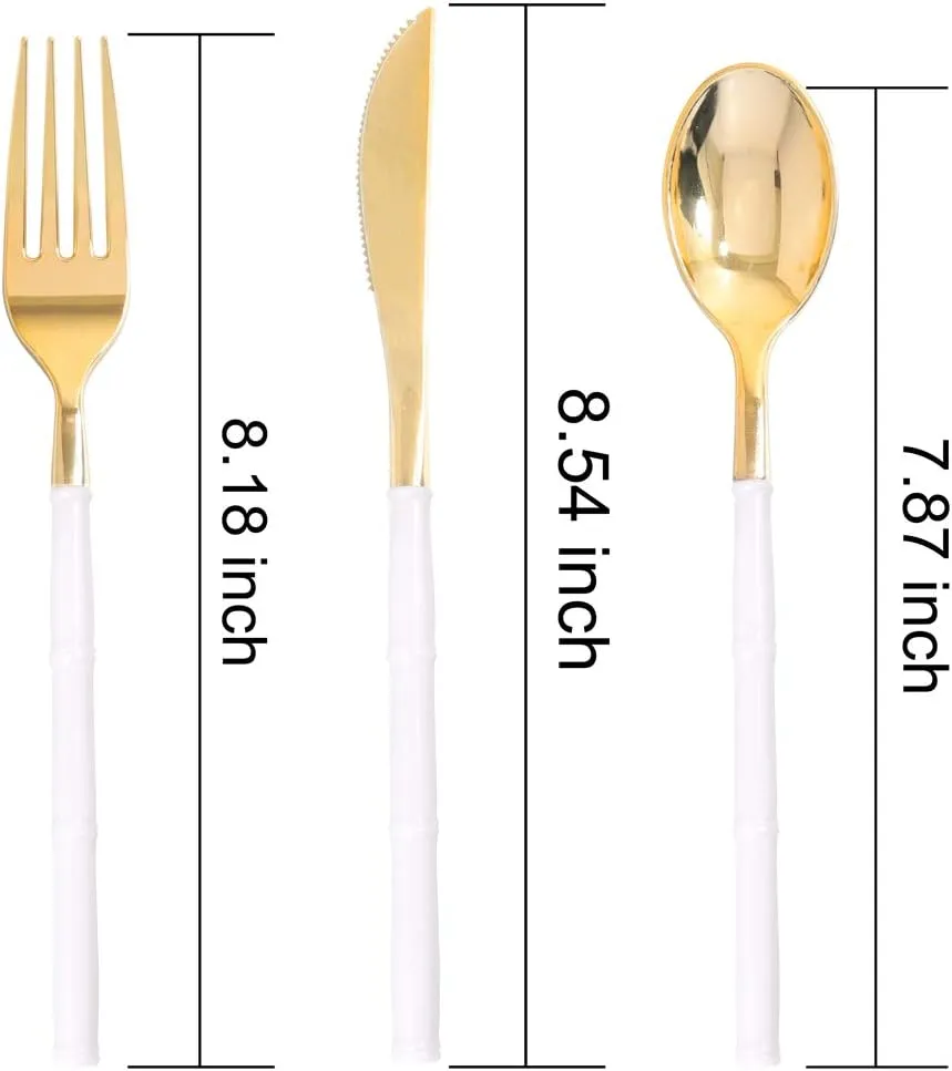 WDF 90Pieces Gold Plastic Silverware-Gold Plastic Cutlery with White Handle- Heavy Duty Thanksgiving Christmas Silverware Include 30Forks, 30 Spoons, 30 Knives for Parties