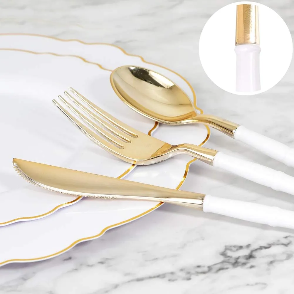 WDF 90Pieces Gold Plastic Silverware-Gold Plastic Cutlery with White Handle- Heavy Duty Thanksgiving Christmas Silverware Include 30Forks, 30 Spoons, 30 Knives for Parties