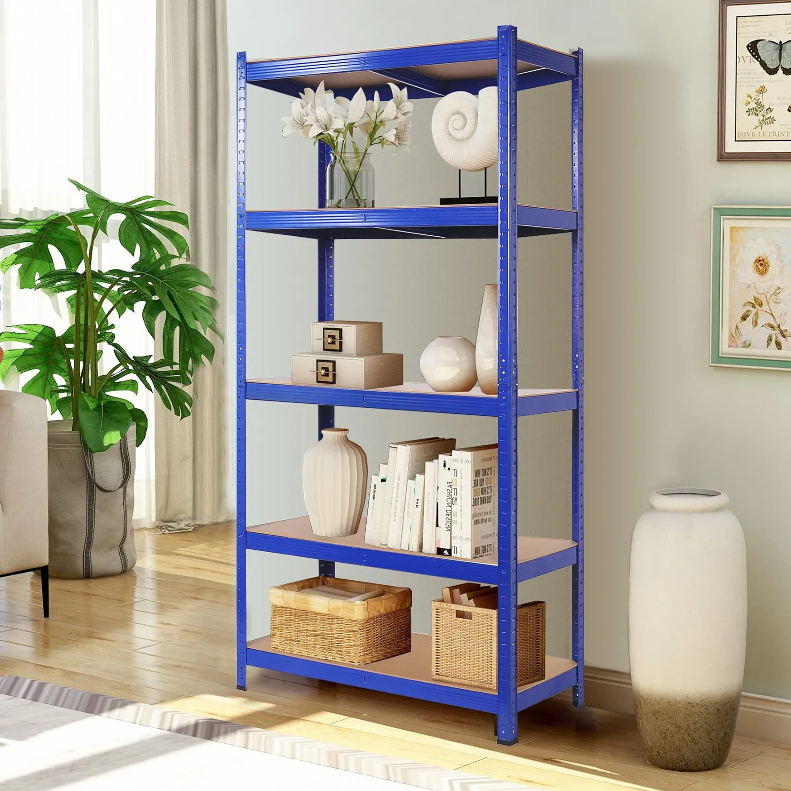 Wefrib Heavy Duty Shelf - Garage Shelving Units with 5 Tier Shelves Heavy Duty Rack with a max Load of 1900lbs for Garages, Sheds, Warehouses, Workshops (Blue, L)