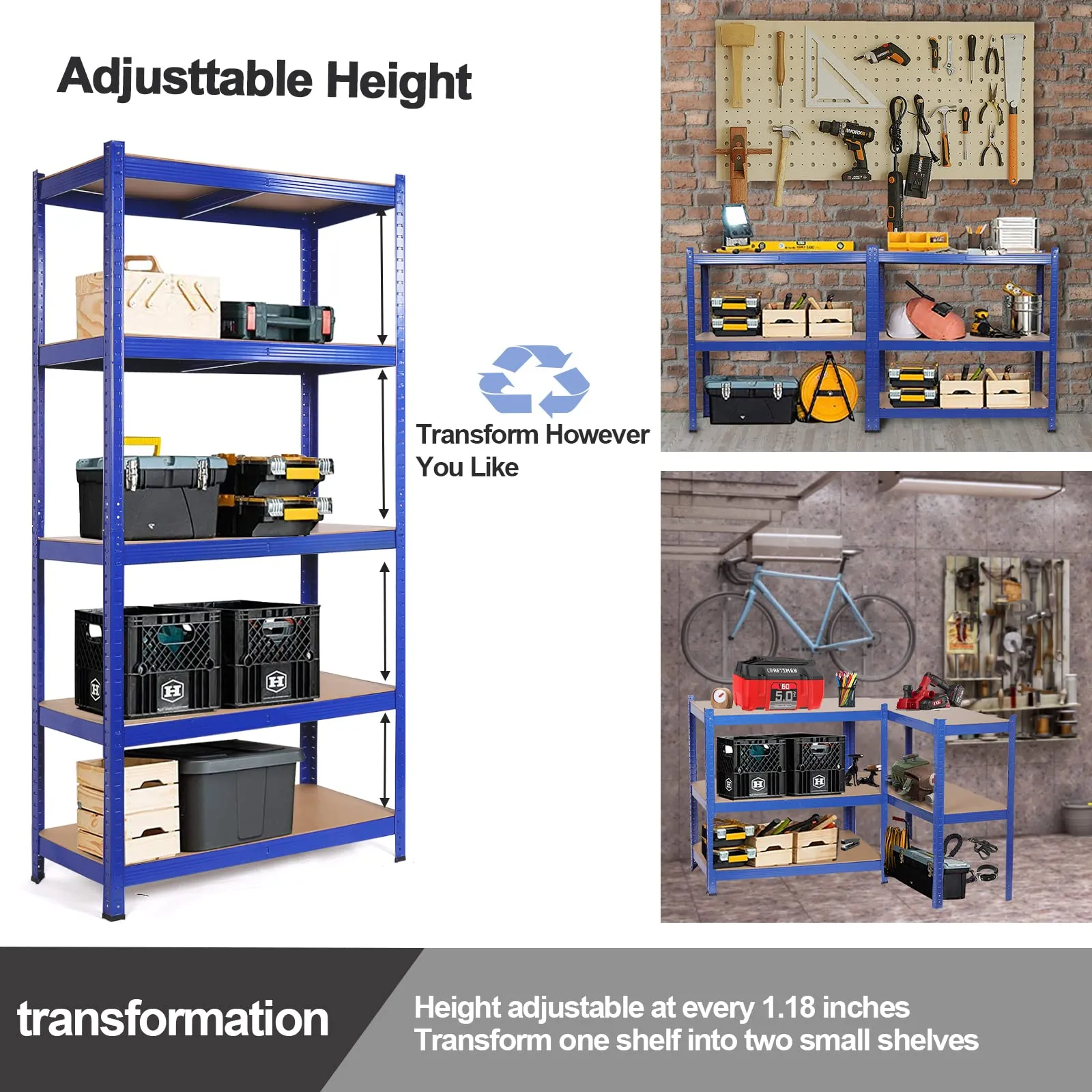 Wefrib Heavy Duty Shelf - Garage Shelving Units with 5 Tier Shelves Heavy Duty Rack with a max Load of 1900lbs for Garages, Sheds, Warehouses, Workshops (Blue, L)