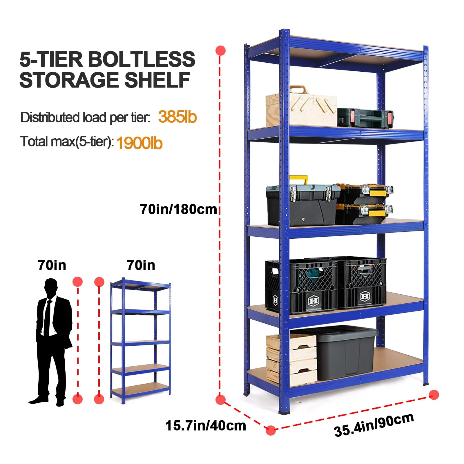 Wefrib Heavy Duty Shelf - Garage Shelving Units with 5 Tier Shelves Heavy Duty Rack with a max Load of 1900lbs for Garages, Sheds, Warehouses, Workshops (Blue, L)