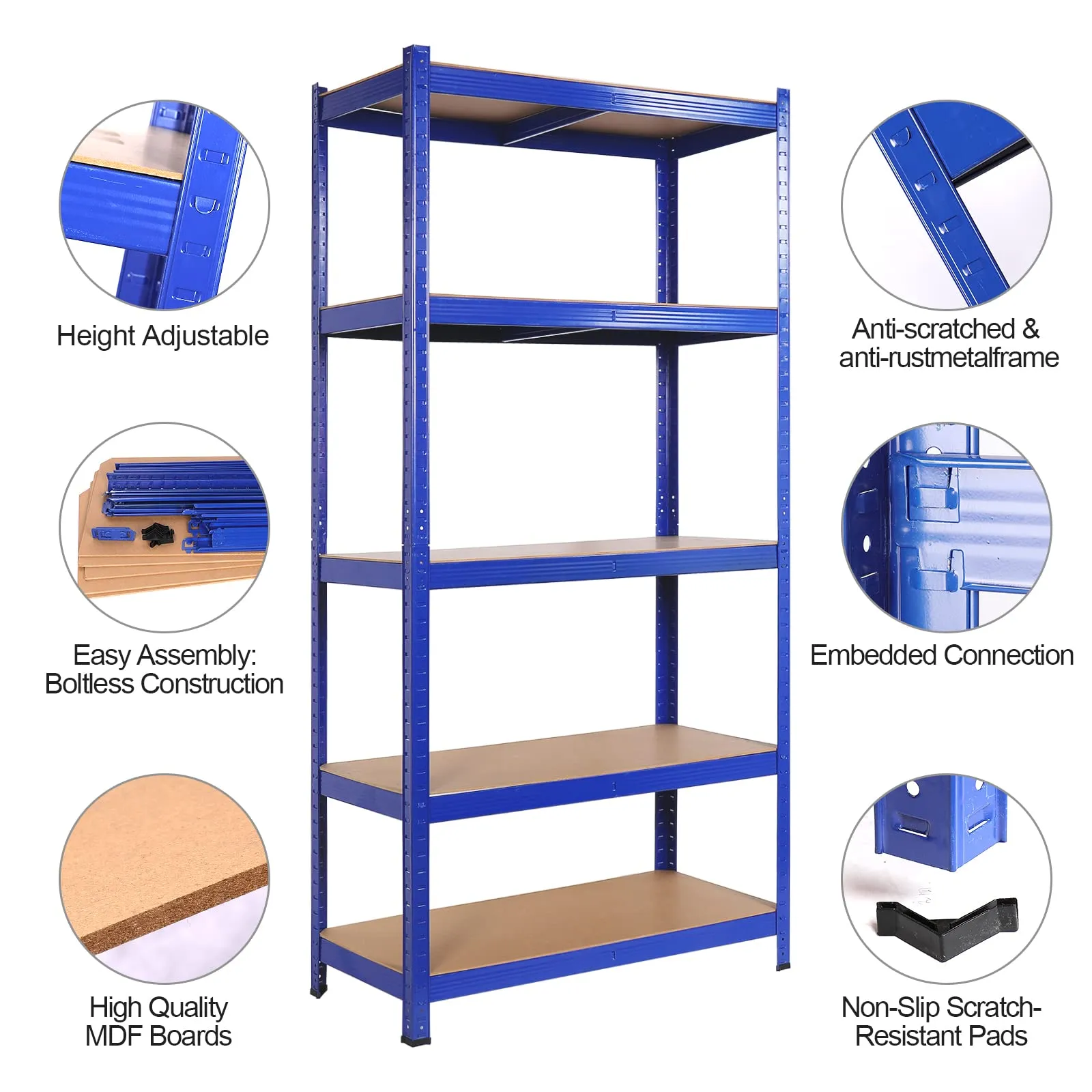 Wefrib Heavy Duty Shelf - Garage Shelving Units with 5 Tier Shelves Heavy Duty Rack with a max Load of 1900lbs for Garages, Sheds, Warehouses, Workshops (Blue, L)