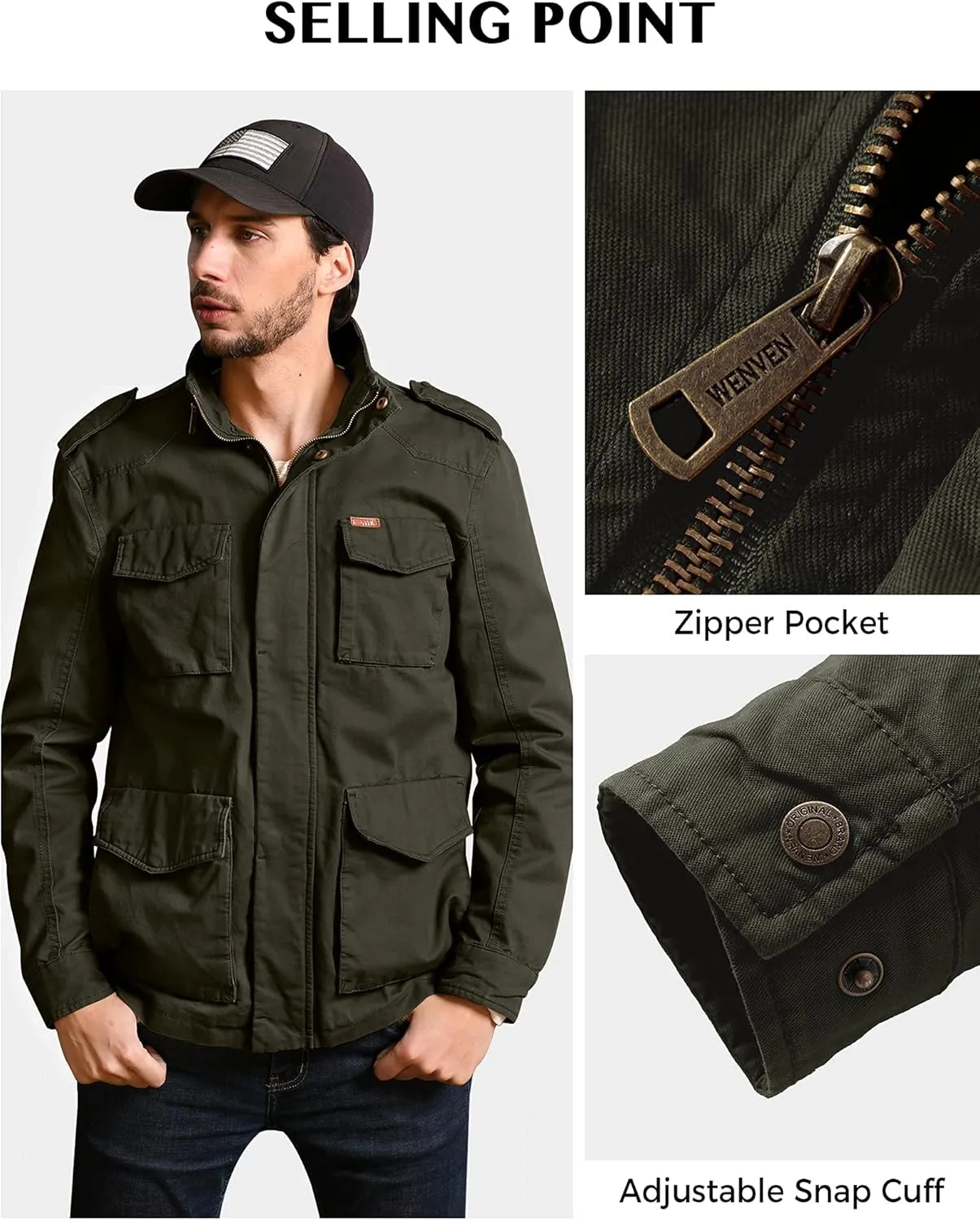 WenVen Men's Lightweight Military Style Jacket Twill Cotton Windbreaker