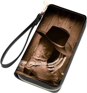 Western Cowboy Equipment Boots and Hat Print Women Large Capacity Wallet PU Leather Zipper Clutch Purse for Smart Phone/Card/Coin/Cash
