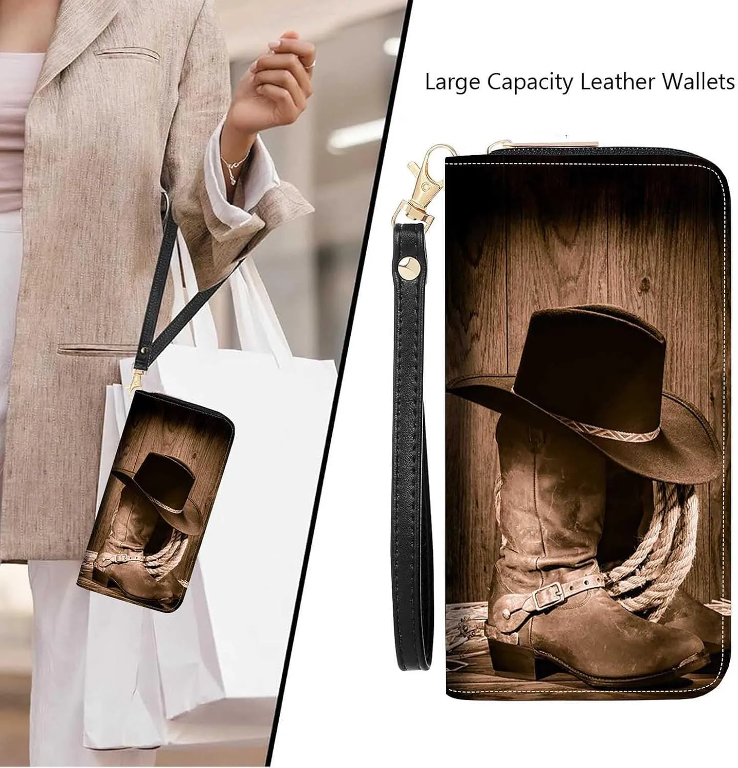 Western Cowboy Equipment Boots and Hat Print Women Large Capacity Wallet PU Leather Zipper Clutch Purse for Smart Phone/Card/Coin/Cash
