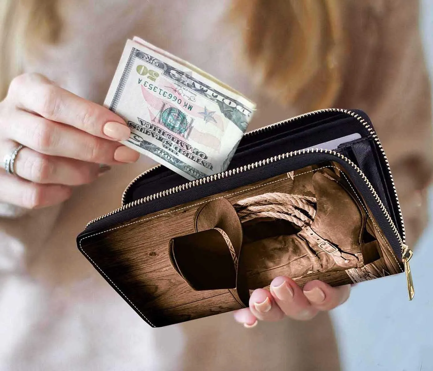 Western Cowboy Equipment Boots and Hat Print Women Large Capacity Wallet PU Leather Zipper Clutch Purse for Smart Phone/Card/Coin/Cash