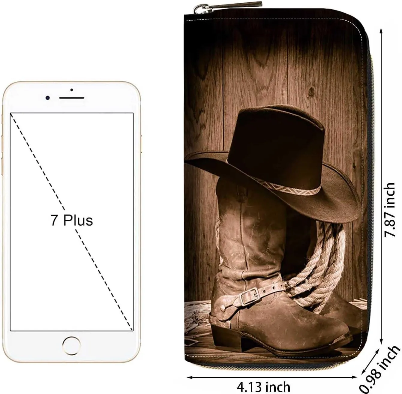 Western Cowboy Equipment Boots and Hat Print Women Large Capacity Wallet PU Leather Zipper Clutch Purse for Smart Phone/Card/Coin/Cash