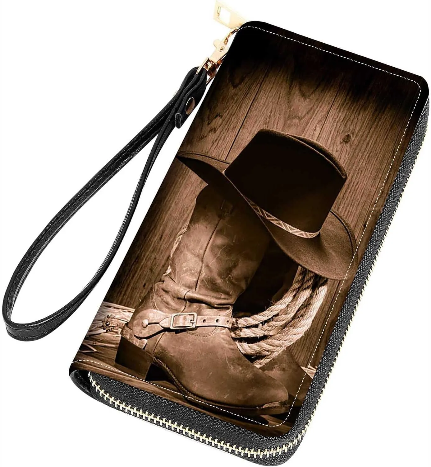 Western Cowboy Equipment Boots and Hat Print Women Large Capacity Wallet PU Leather Zipper Clutch Purse for Smart Phone/Card/Coin/Cash