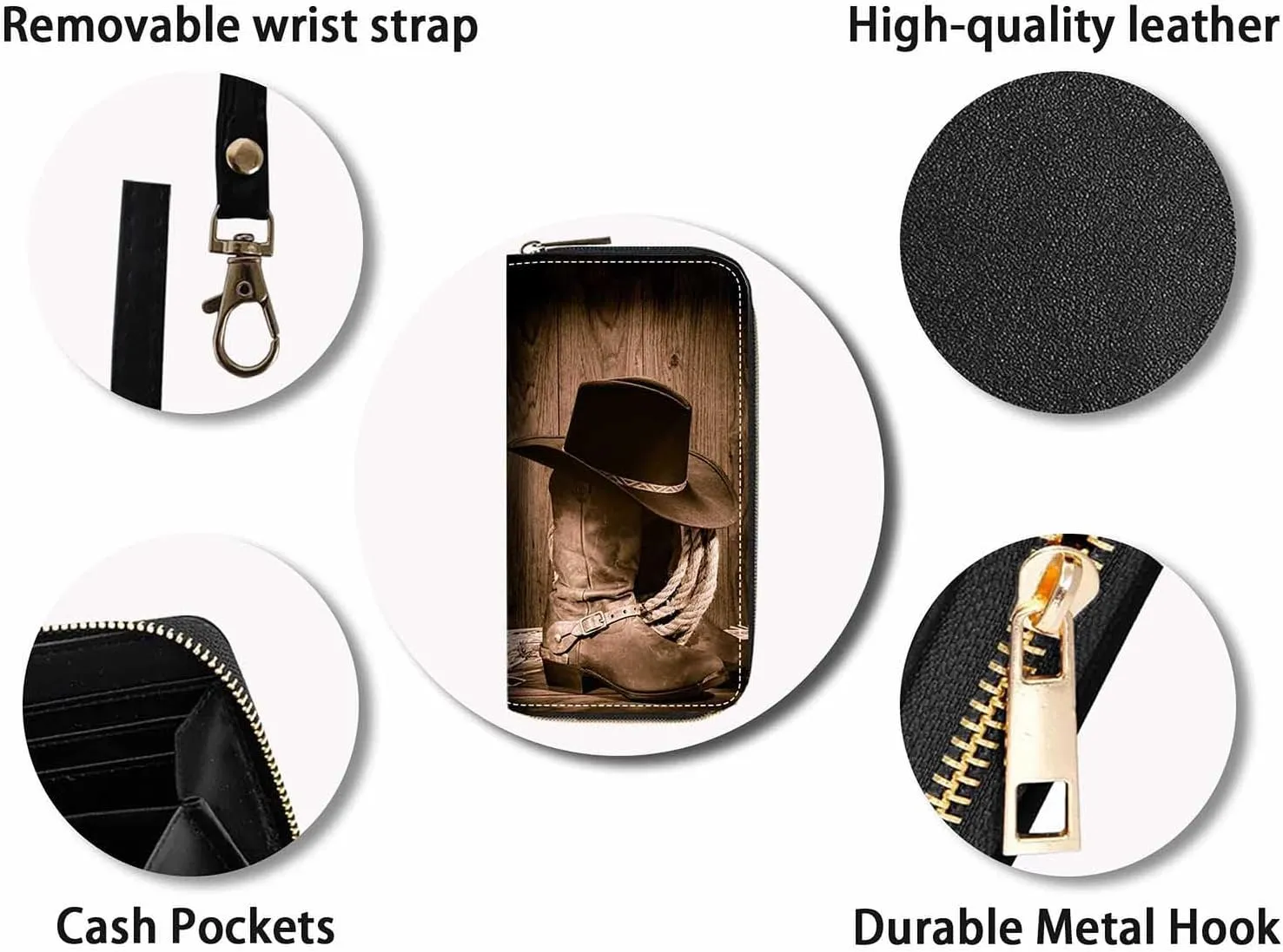 Western Cowboy Equipment Boots and Hat Print Women Large Capacity Wallet PU Leather Zipper Clutch Purse for Smart Phone/Card/Coin/Cash
