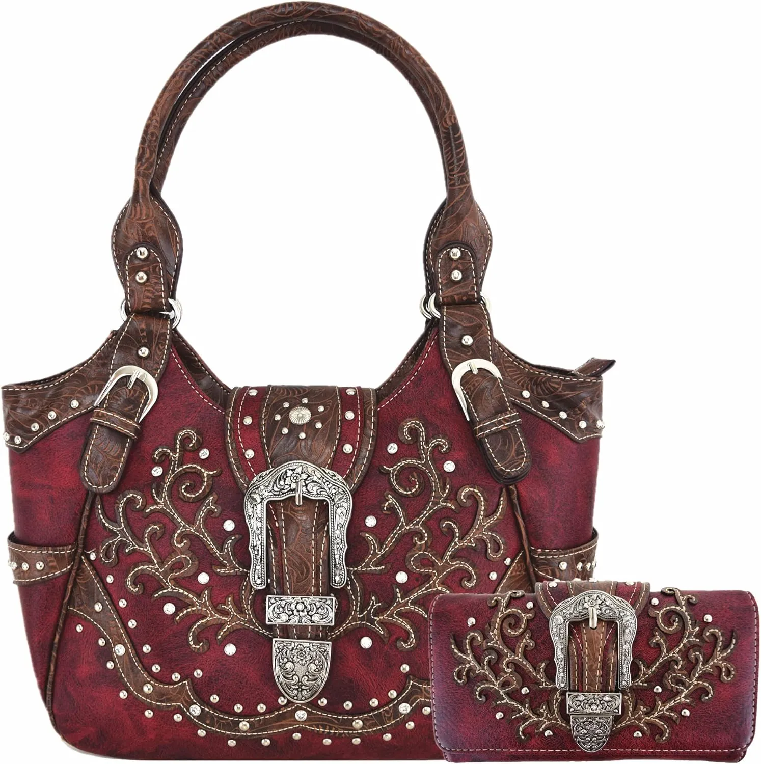 Western Style Tooled Leather Buckle Concealed Carry Purse Country Handbag Women Shoulder Bag Wallet Set