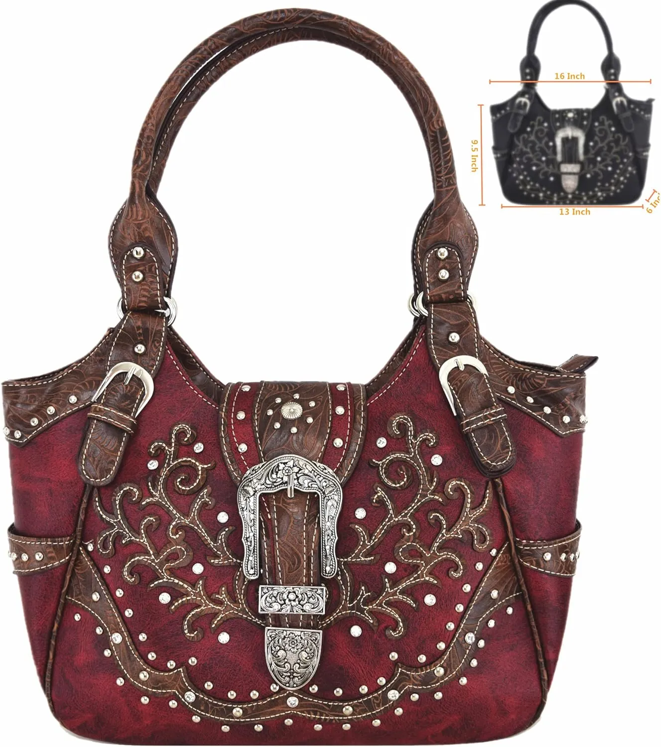 Western Style Tooled Leather Buckle Concealed Carry Purse Country Handbag Women Shoulder Bag Wallet Set