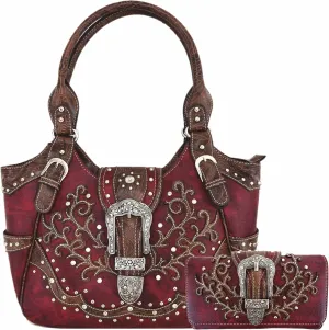Western Style Tooled Leather Buckle Concealed Carry Purse Country Handbag Women Shoulder Bag Wallet Set