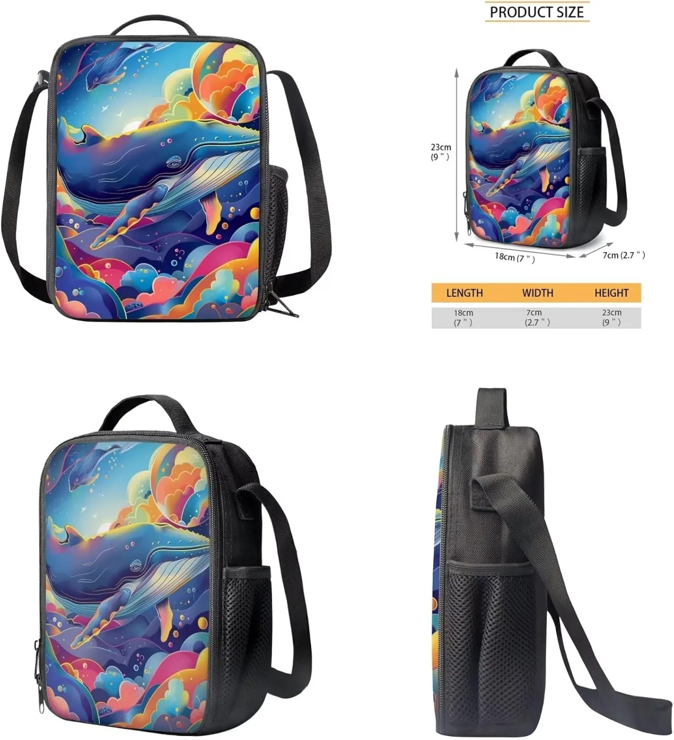 Whales Print 3Pc Backpack Set for Boys Multi-Functional Adjustable Straps Crossbody School Bag Grease Proofing Recycle Food Bag for Travel Work Office Climbing School