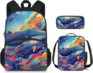 Whales Print 3Pc Backpack Set for Boys Multi-Functional Adjustable Straps Crossbody School Bag Grease Proofing Recycle Food Bag for Travel Work Office Climbing School