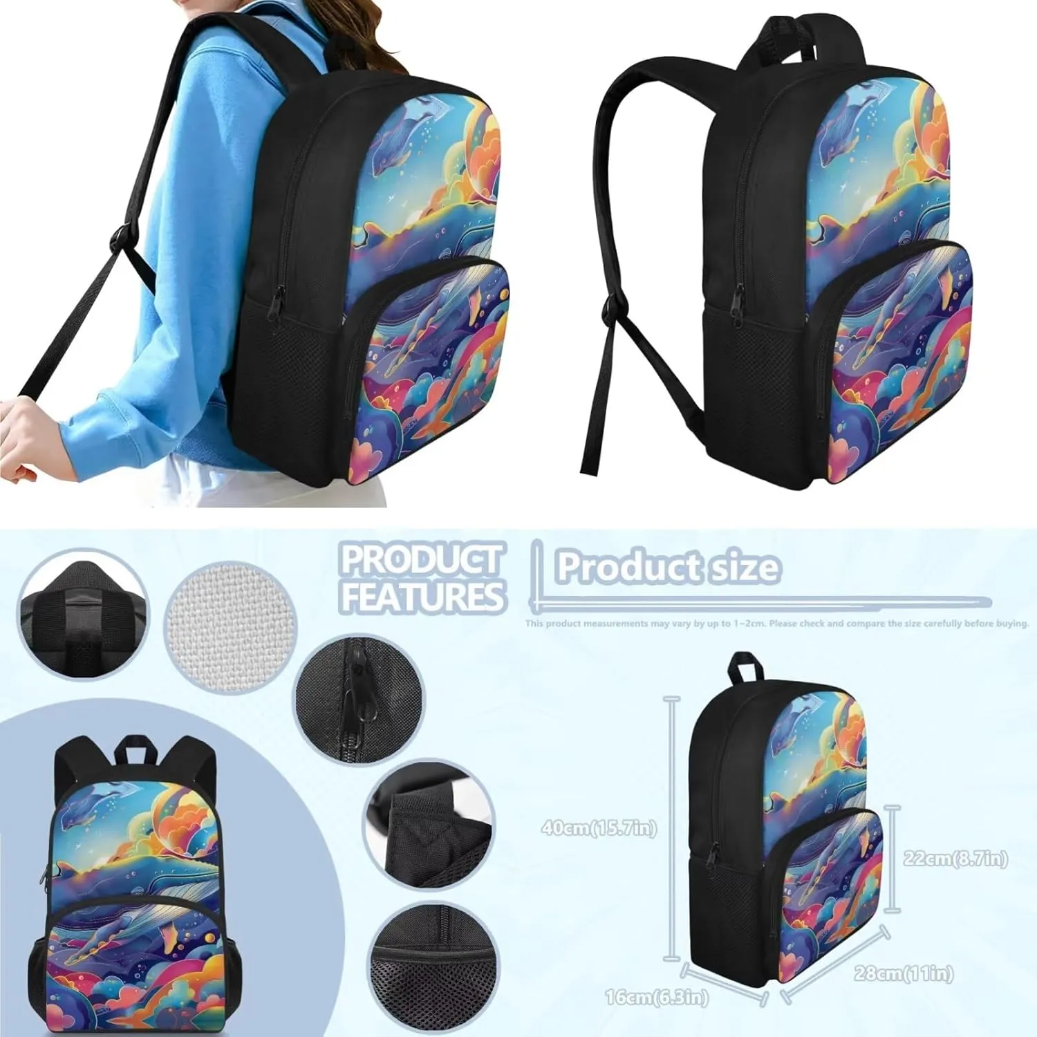 Whales Print 3Pc Backpack Set for Boys Multi-Functional Adjustable Straps Crossbody School Bag Grease Proofing Recycle Food Bag for Travel Work Office Climbing School