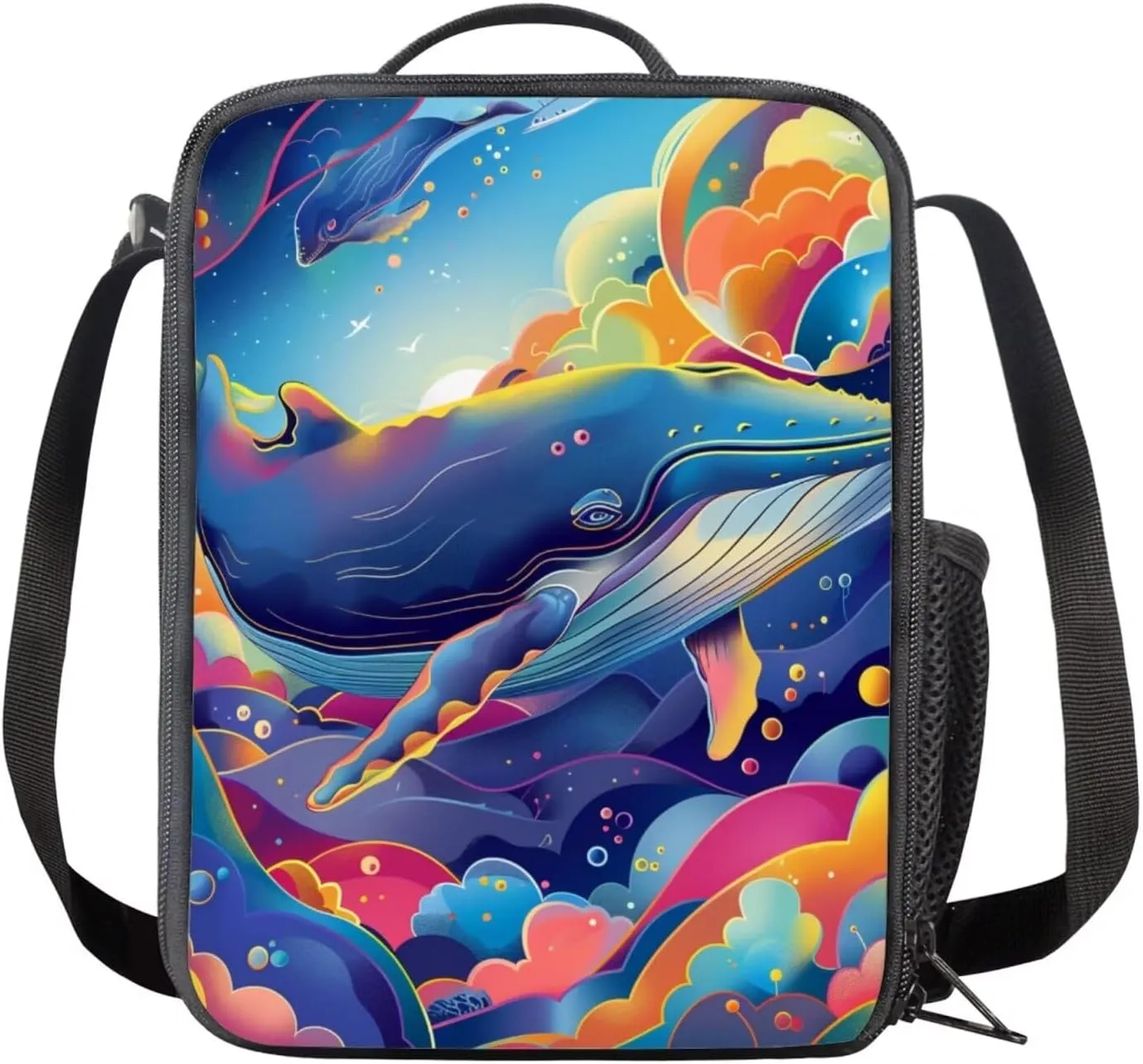 Whales Print 3Pc Backpack Set for Boys Multi-Functional Adjustable Straps Crossbody School Bag Grease Proofing Recycle Food Bag for Travel Work Office Climbing School