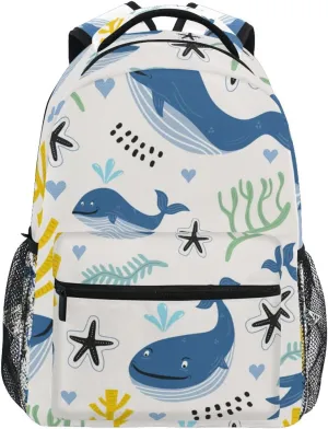 Whales with Seaweed and Coral Reefs School Backpack for Kids Boys Girls Children School Student Teenagers Bookbags Laptop iPad Tablet Travel Bag with Pockets