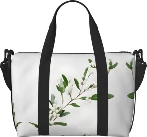 White Wild Green Twig Print Tote Crossbody Travel Bag with Zip Casual Handbag for Weekend Trips and Gym Shopping, Black, One Size, Travel Tote