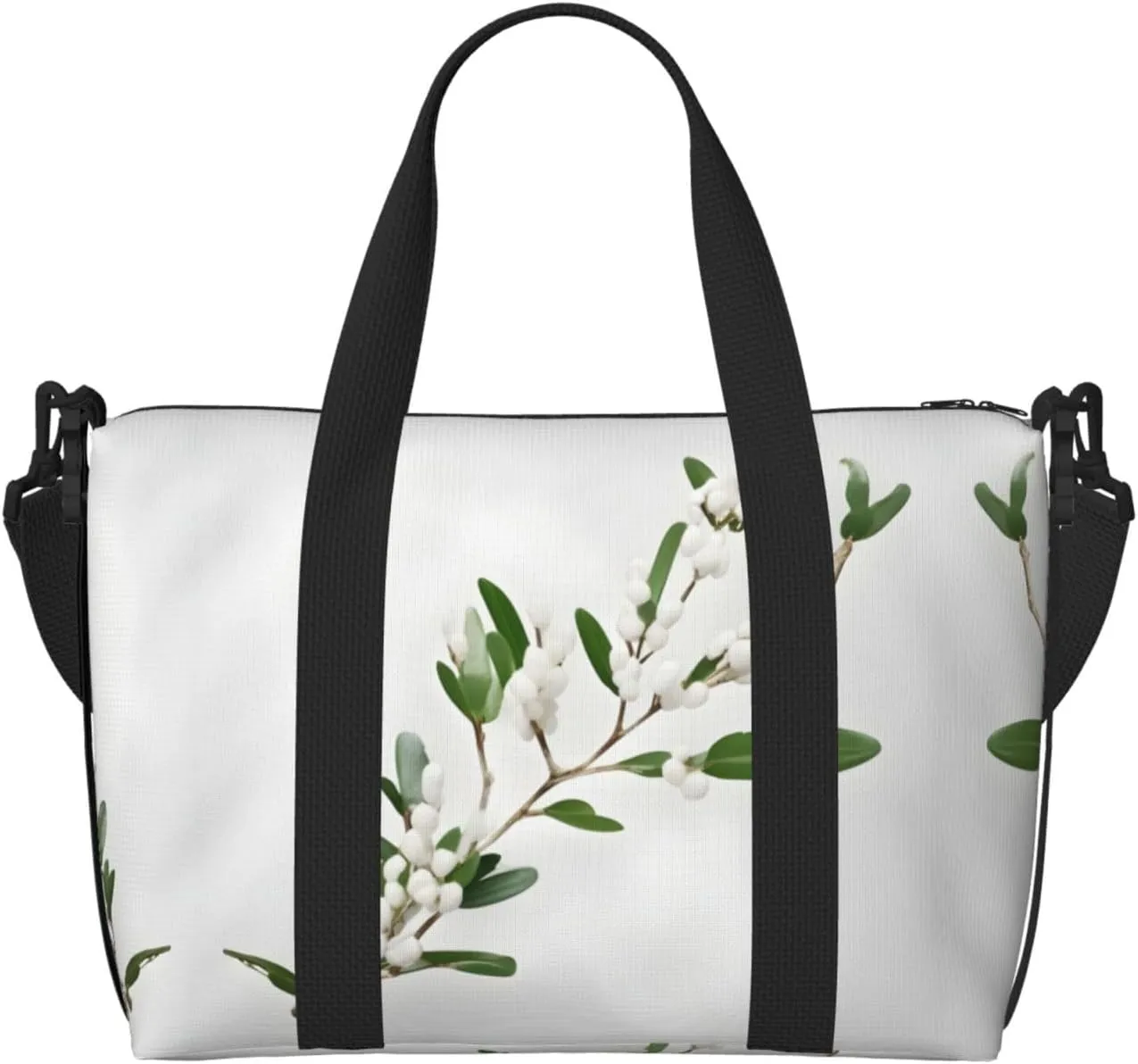 White Wild Green Twig Print Tote Crossbody Travel Bag with Zip Casual Handbag for Weekend Trips and Gym Shopping, Black, One Size, Travel Tote