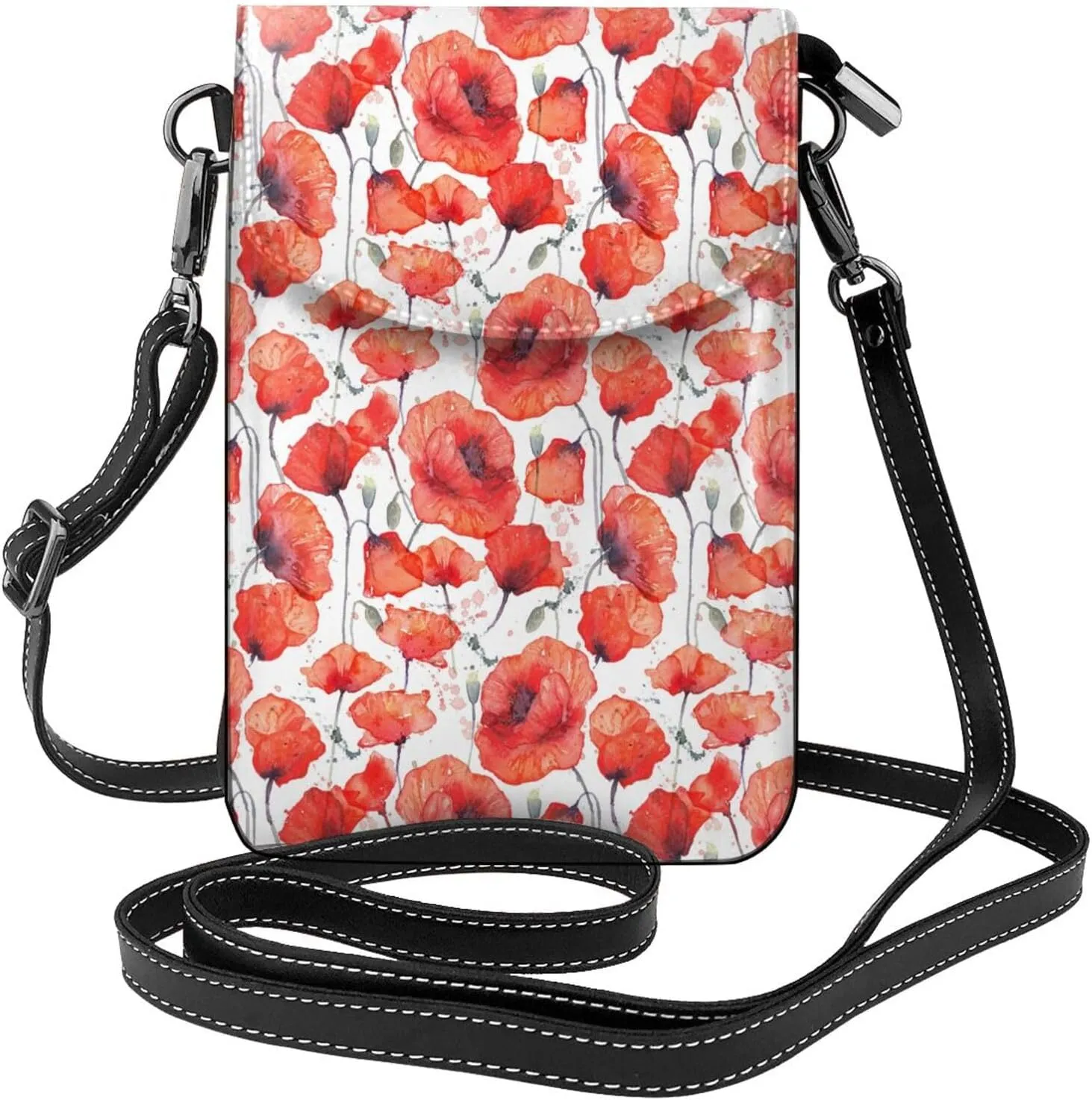 Wild Poppies Crossbody Bag for Women PU Leather Small Travel Cell Phone Pouch Lightweight Mini Phone Purse Wallet Cross Body Shoulder Bags with Card Slots and Shoulder Strap